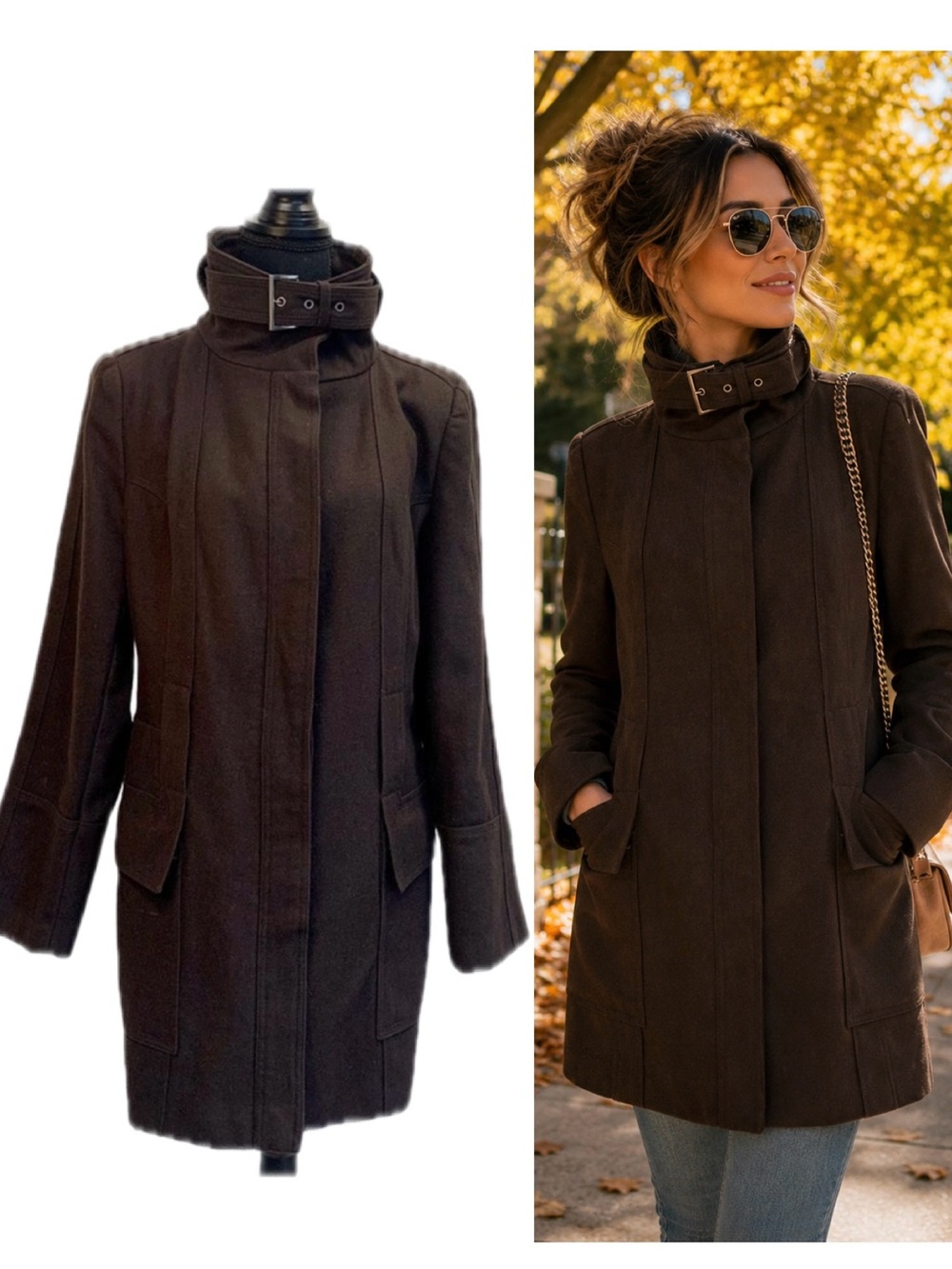 ZARA Chocolate Brown High Neck Buckle Collar Coat Jacket Size XL
